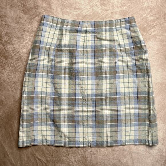 Eddie Bauer Green & Blue Plaid Wrap Mini Skirt Linen Blend Women's 12 Preppy Y2K - Picture 2 of 5
